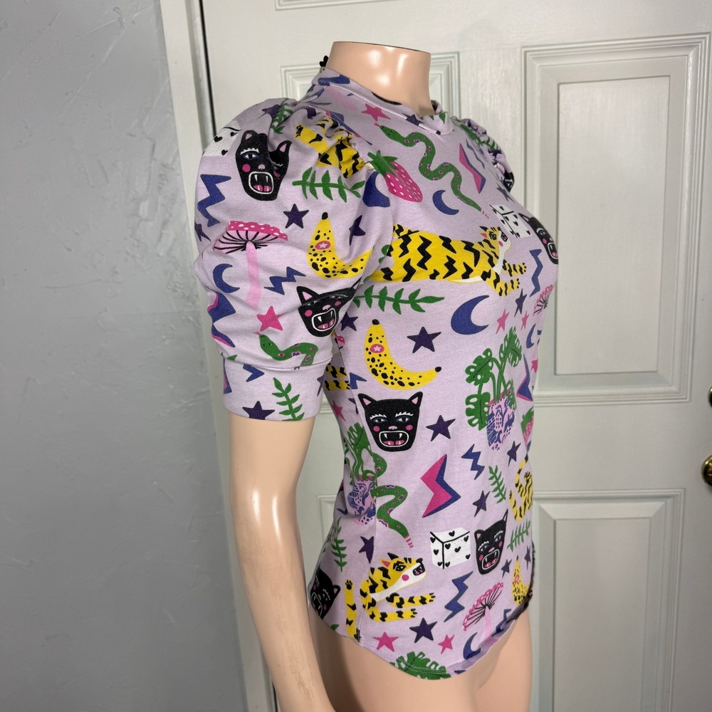 Vintage Nooworks Shirt XS Tee Floral Hastings Print Cotton Mushroom Puff top E3 - Picture 5 of 6